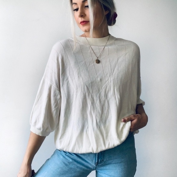 Vintage Sweaters - VINTAGE | Oversized Slouchy Minimalist Mock Neck Quarter Sleeve Knit Sweater Top